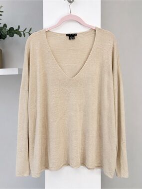 Theory Linen Blend Oversized V-Neck Sweater Size M Beige Relaxed Lightweight Kni